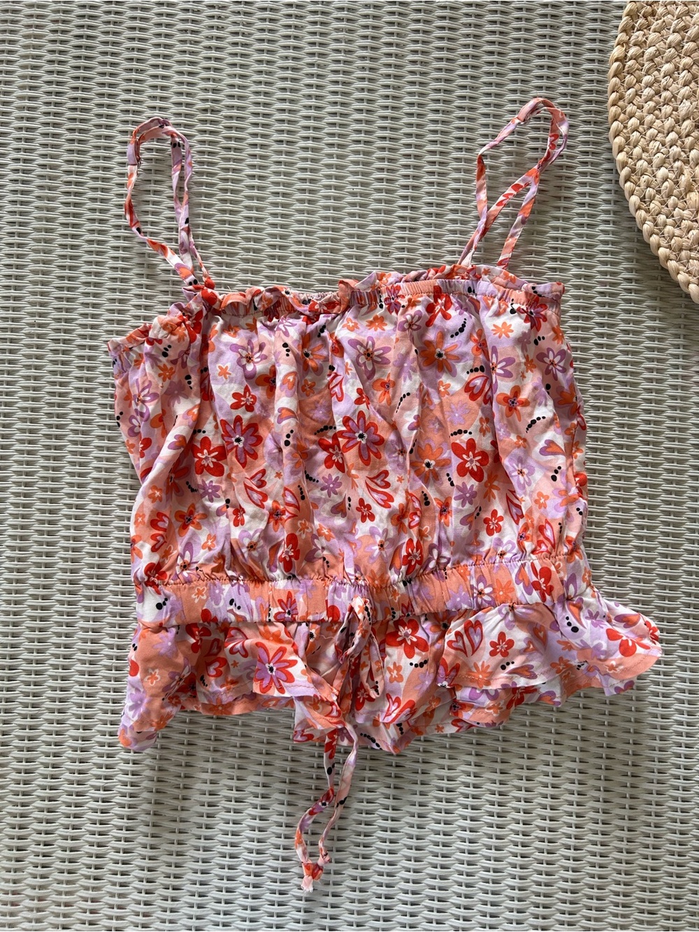 Floral Pink & Orange Drawstring Smocked Cami